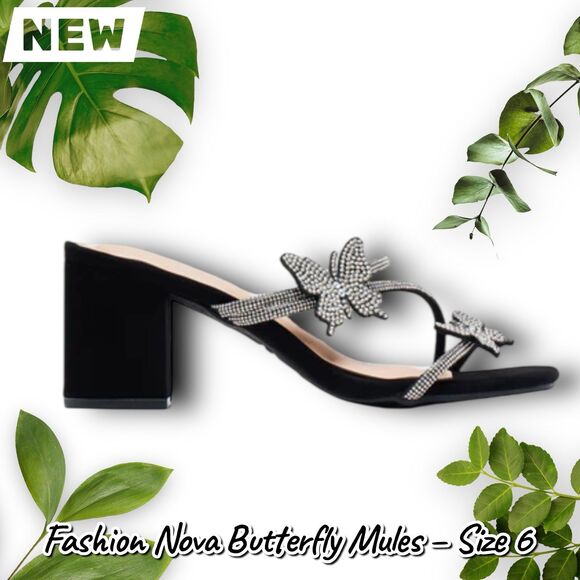 New in Box Fashion Nova Kenley Butterfly Rhinestone Mules – Black | Size 6 - Picture 4 of 7